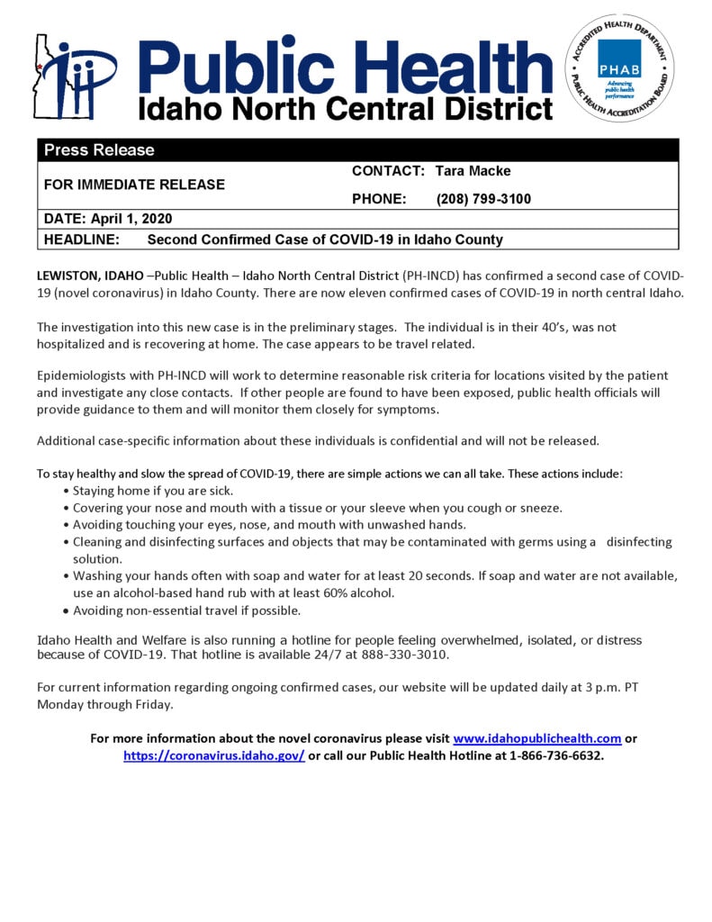 Second Confirmed Case of COVID-19 in Idaho County
